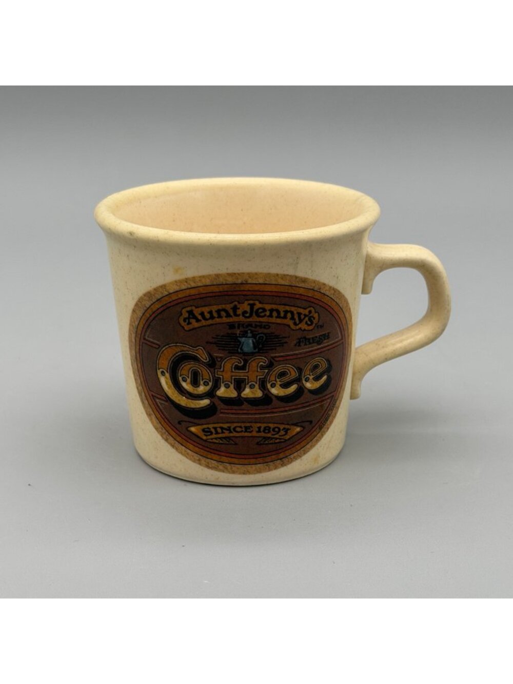 Aunt Jennys Coffee Logo Mug Beige Vintage Taylor Int'l USA Stoneware 1893 Design
